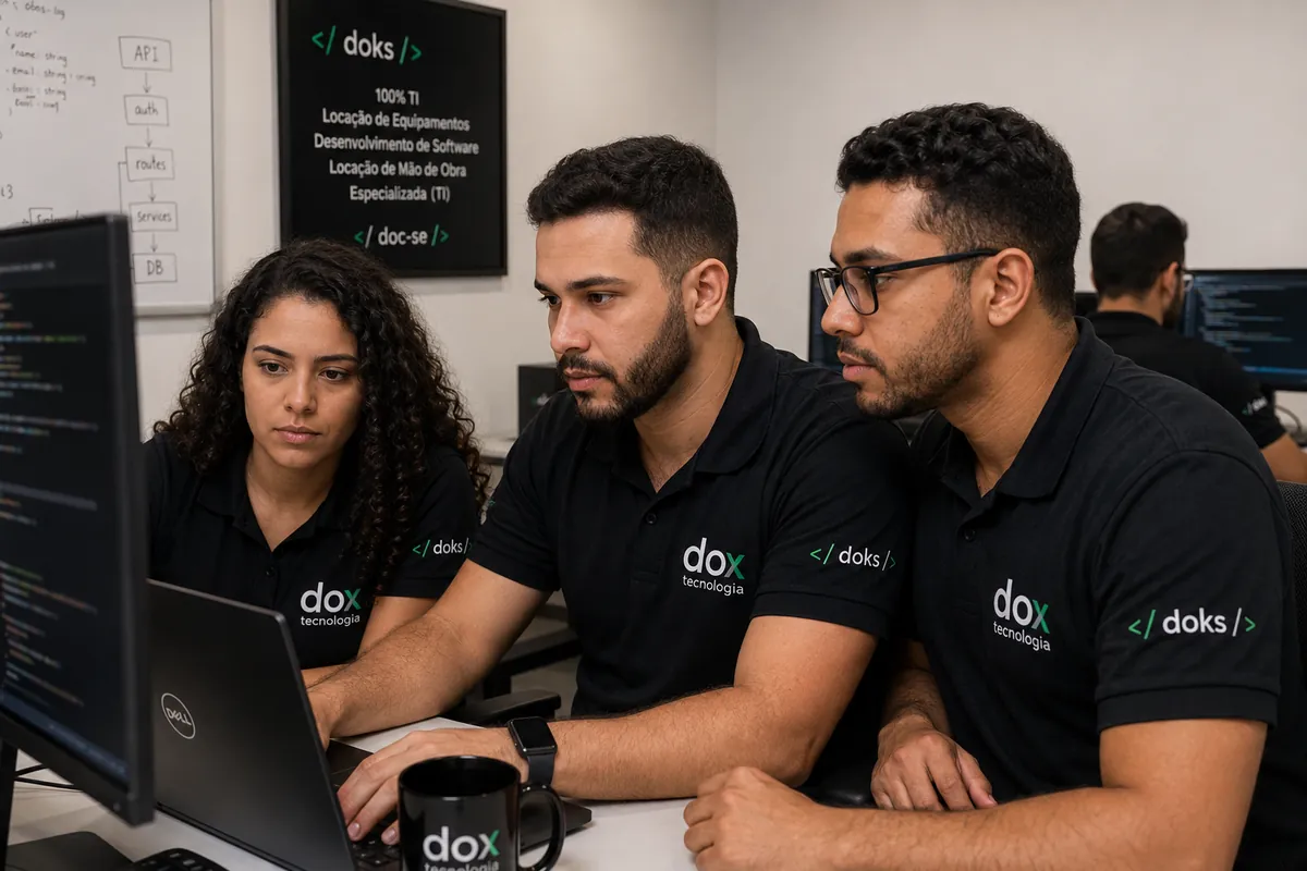 Equipe da Dox trabalhando em desenvolvimento na sala de operação.