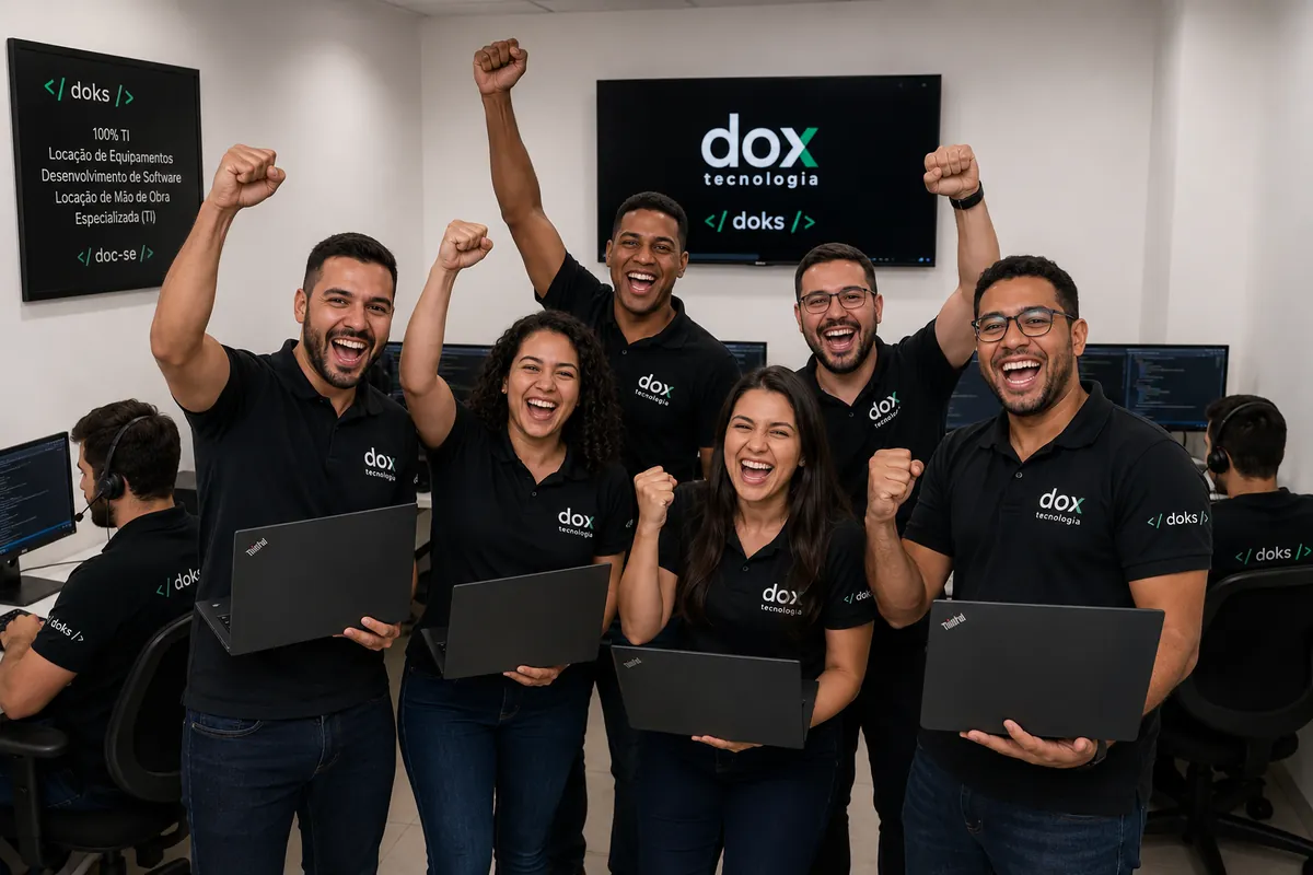 Equipe da Dox comemorando uma entrega na sala de operação.